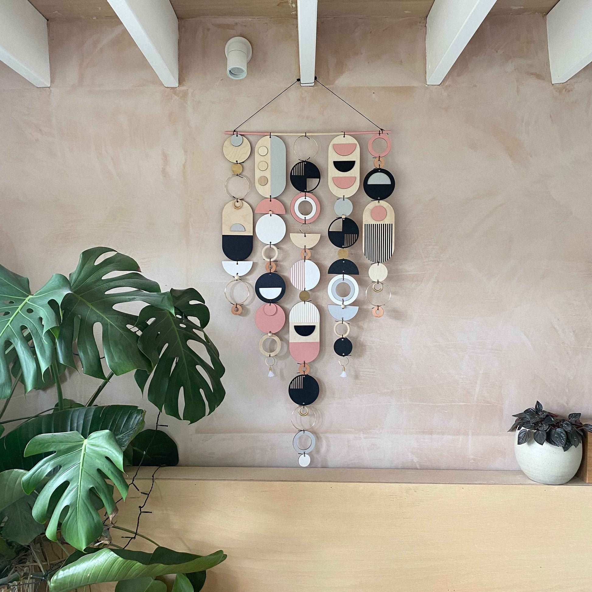 Large Pink Geometric Wall Art - Contemporary Wall Art- Big Grey Wall Tapestry