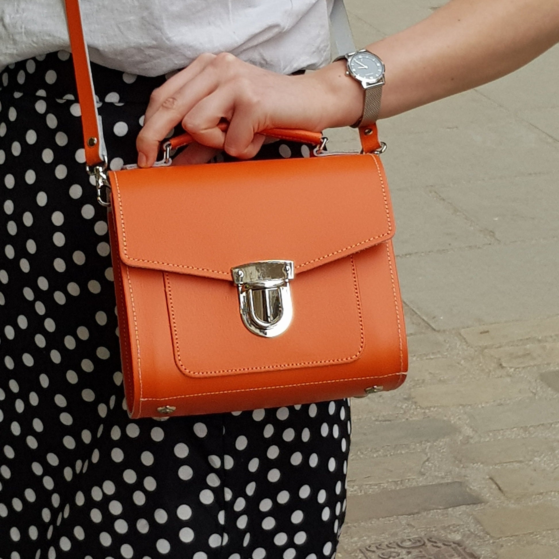 Handmade Leather Sugarcube Handbag - Orange  