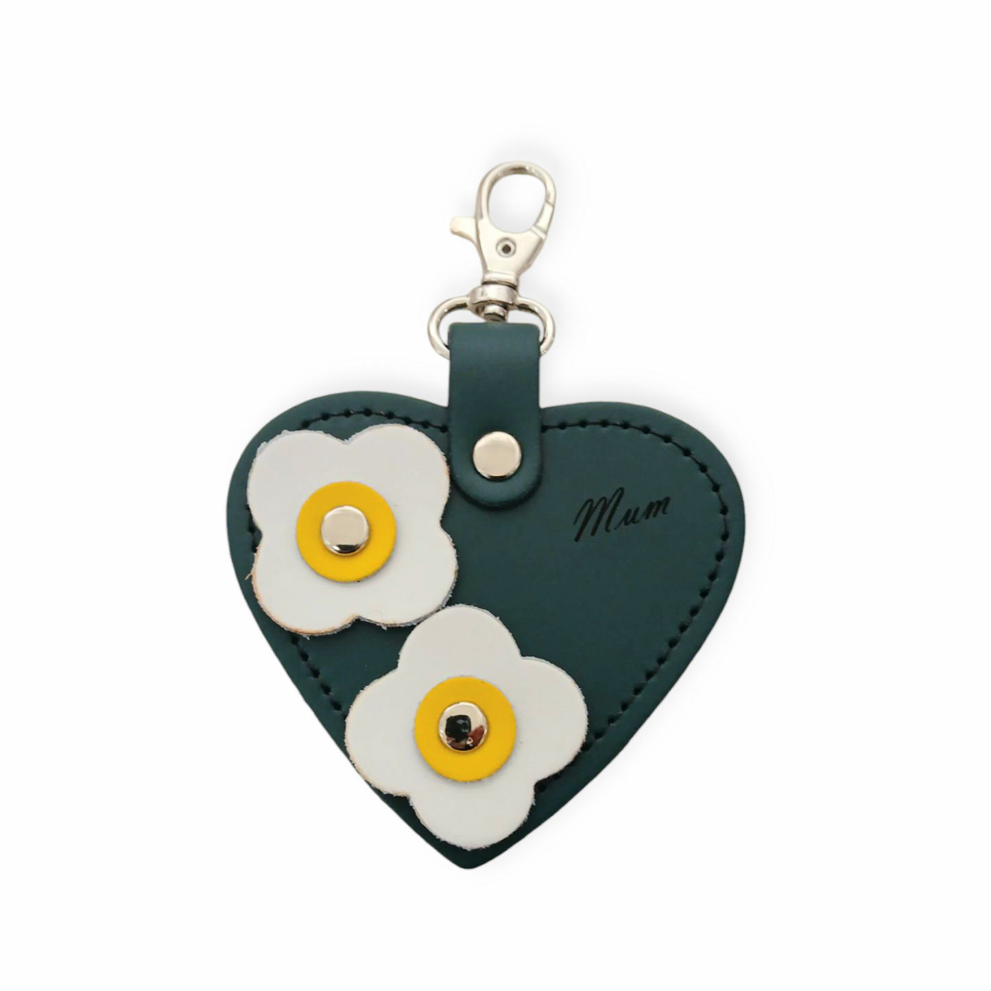 Love heart bag charm - with 'Mum' engraving and flower appliques - Pine  
