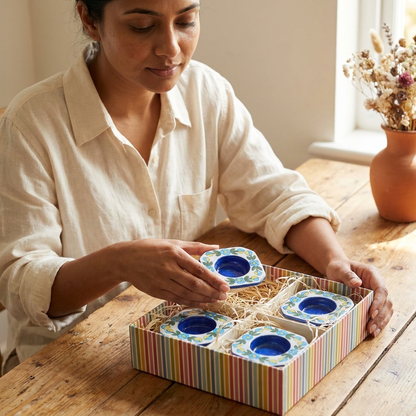 Blue Pottery Candle Holder — Handcrafted Jaipur Ceramic | Unique Housewarming Gift UK