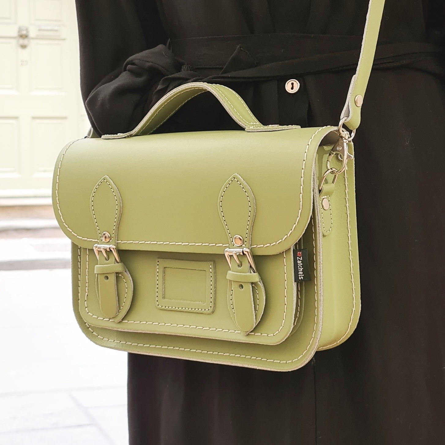 Leather Midi Satchel -  Sage Green  