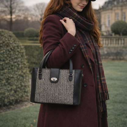 Tannery Tweed Leather Shopper Bag - Mini Twist Lock Style- Black