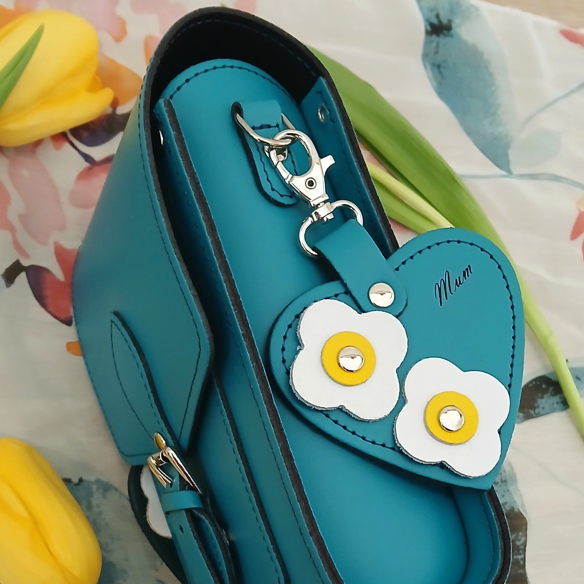 Love heart bag charm - with 'Mum' engraving and flower appliques - Teal  