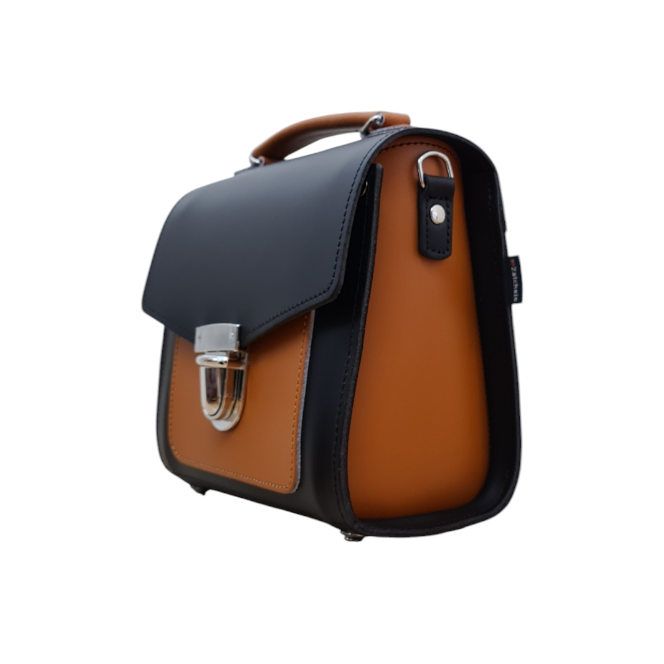 Handmade Leather Two Tone Sugarcube Handbag Black -  Burnt Orange  