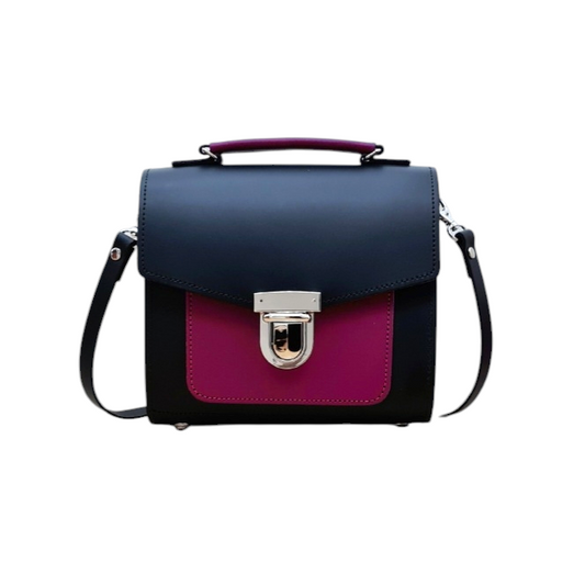 Handmade Leather Two Tone Sugarcube Handbag Black - Magenta  