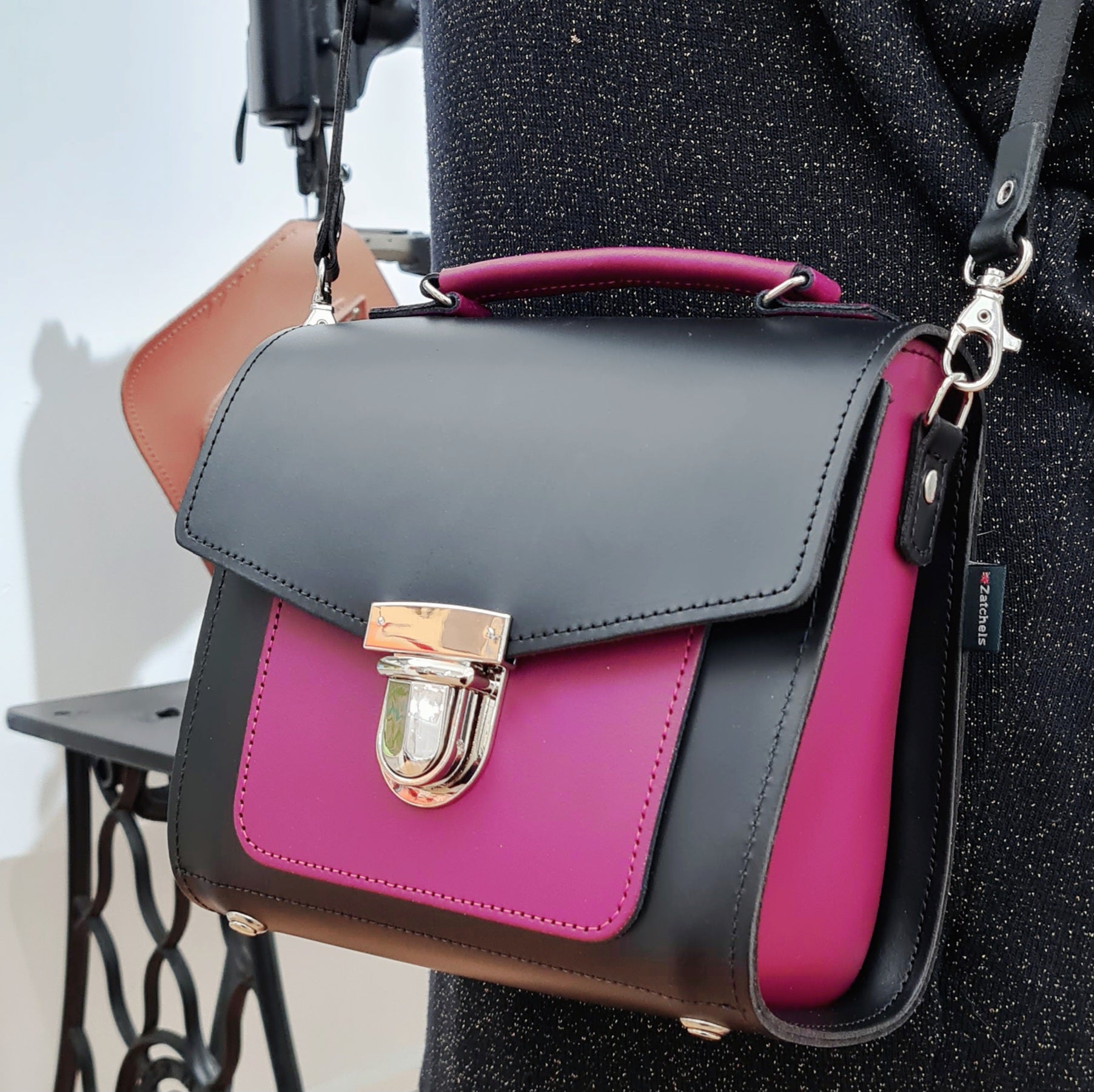 Handmade Leather Two Tone Sugarcube Handbag Black - Magenta  