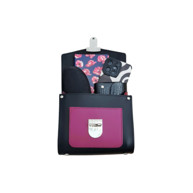 Handmade Leather Two Tone Sugarcube Handbag Black - Magenta  