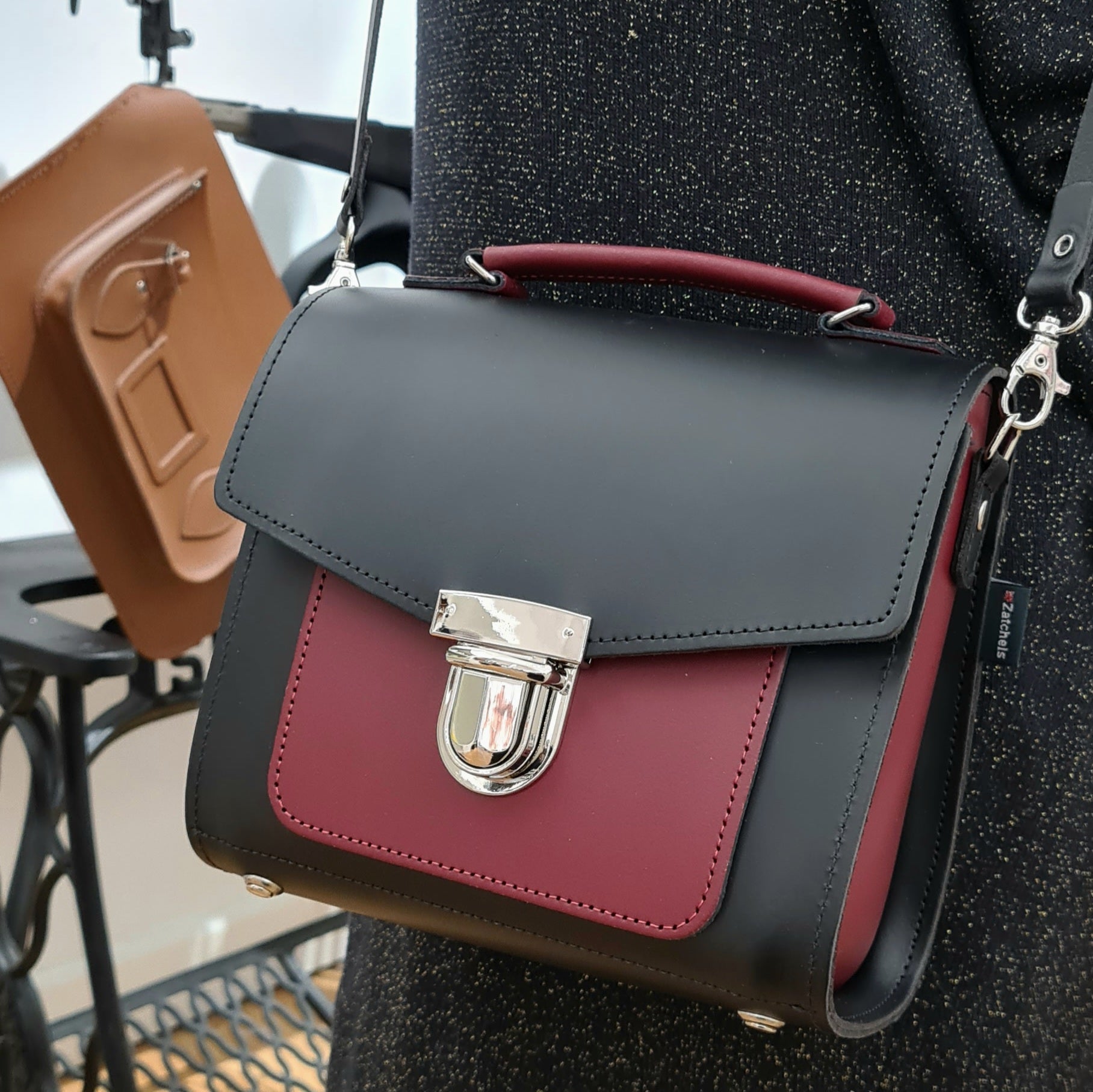Handmade Leather Two Tone Sugarcube Handbag Black - Oxblood  