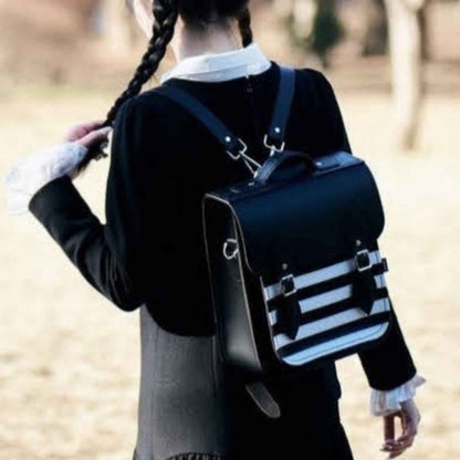 Handmade Leather City Backpack - Gothic Striped White & Black