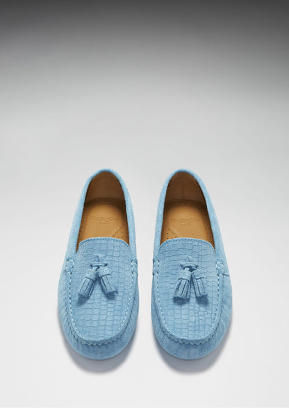 Women's Tasselled Driving Loafers, blue embossed suede  